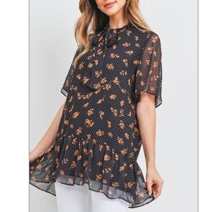 Navy + orange floral tunic blouse, NEW!